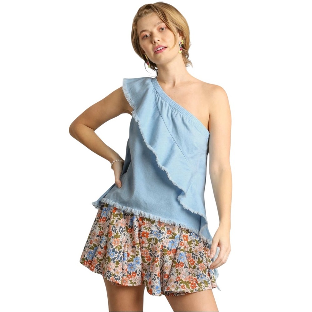 SUNDAZE BLUE ONE- SHOULDER UNFINISHED HEM TOP